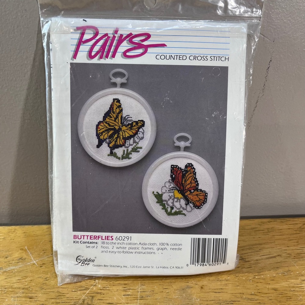 Vtg Golden Bee Butterflies 60291 Counted Cross Stitch Kit Set of 2 Mini Frames